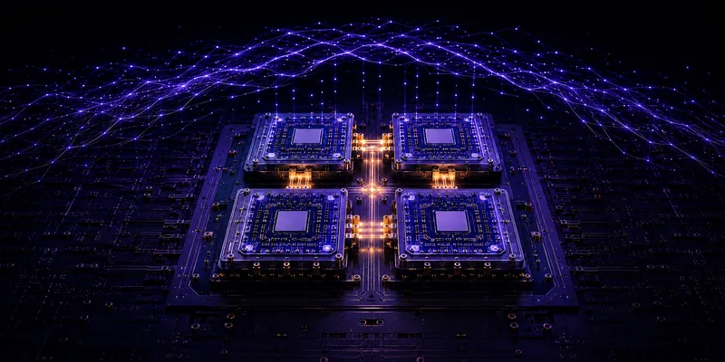Four superconducting chiplets tiled on a board beneath a network of qubits