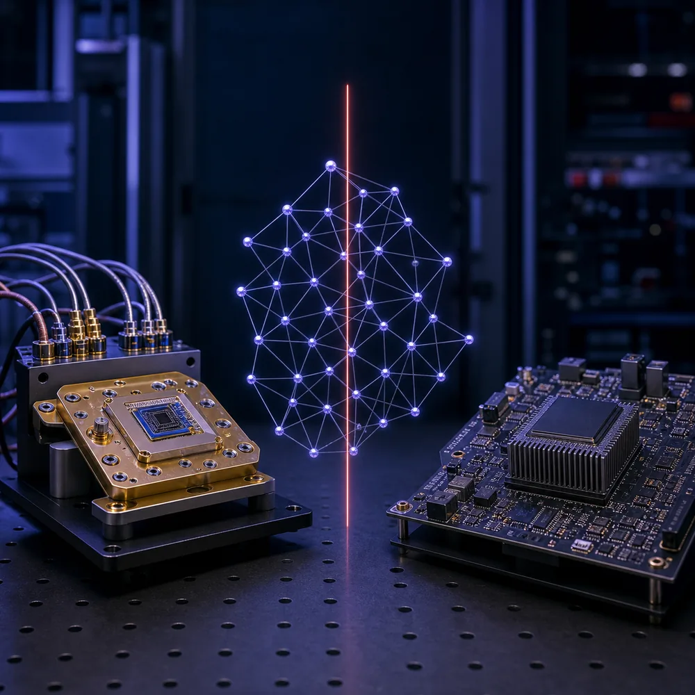 A superconducting processor package and a classical compute board facing each other across a shared violet-blue lattice, split down the middle by one thin coral-red line.