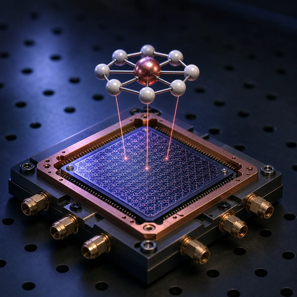 A superconducting quantum-processor package on a dark platform with a molecular structure rendered above it as a digital hologram, joined by thin streams of configuration data with a single coral accent.